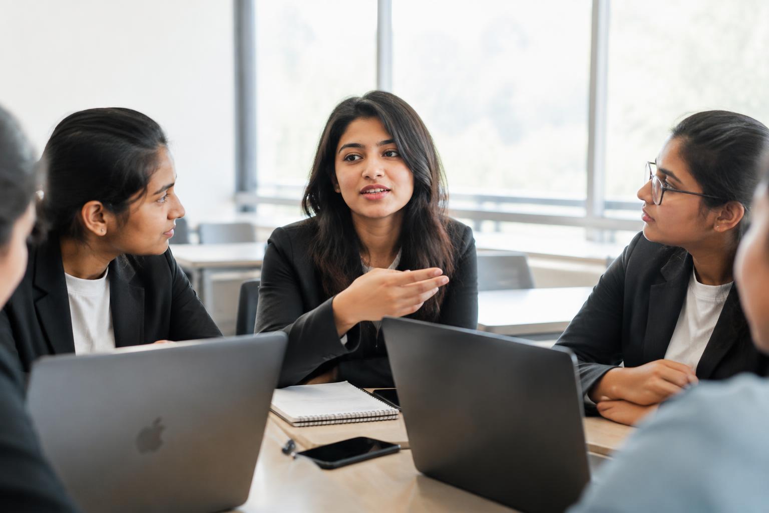 Women participating in a management classroom discussion